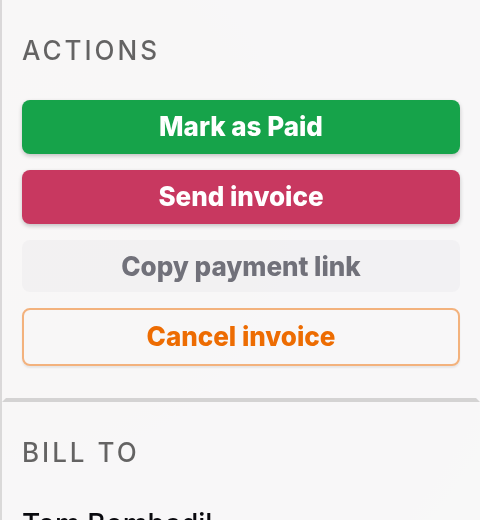 The Actions panel of an open invoice with Mark as Paid, Send invoice, Copy payment link and Cancel invoice
