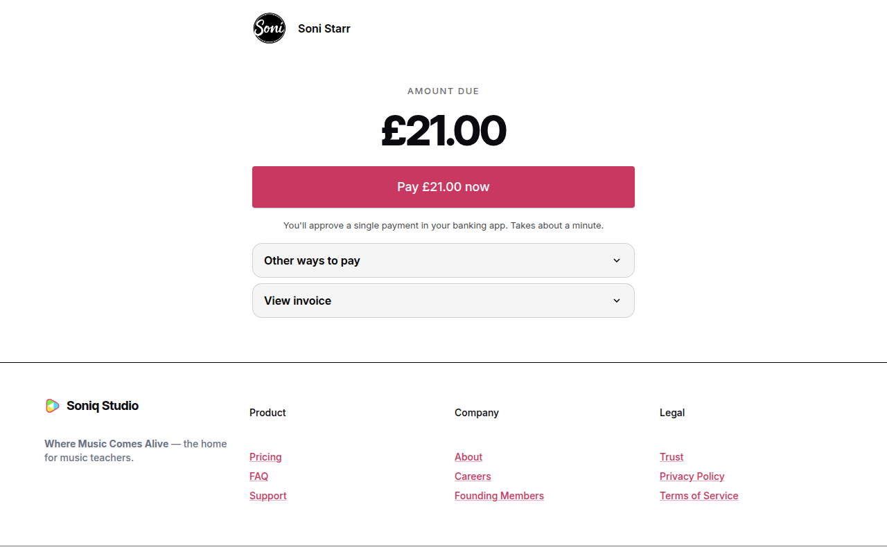 The payment page showing the amount due, the Pay button for Pay by Bank, and the Other ways to pay and View invoice sections