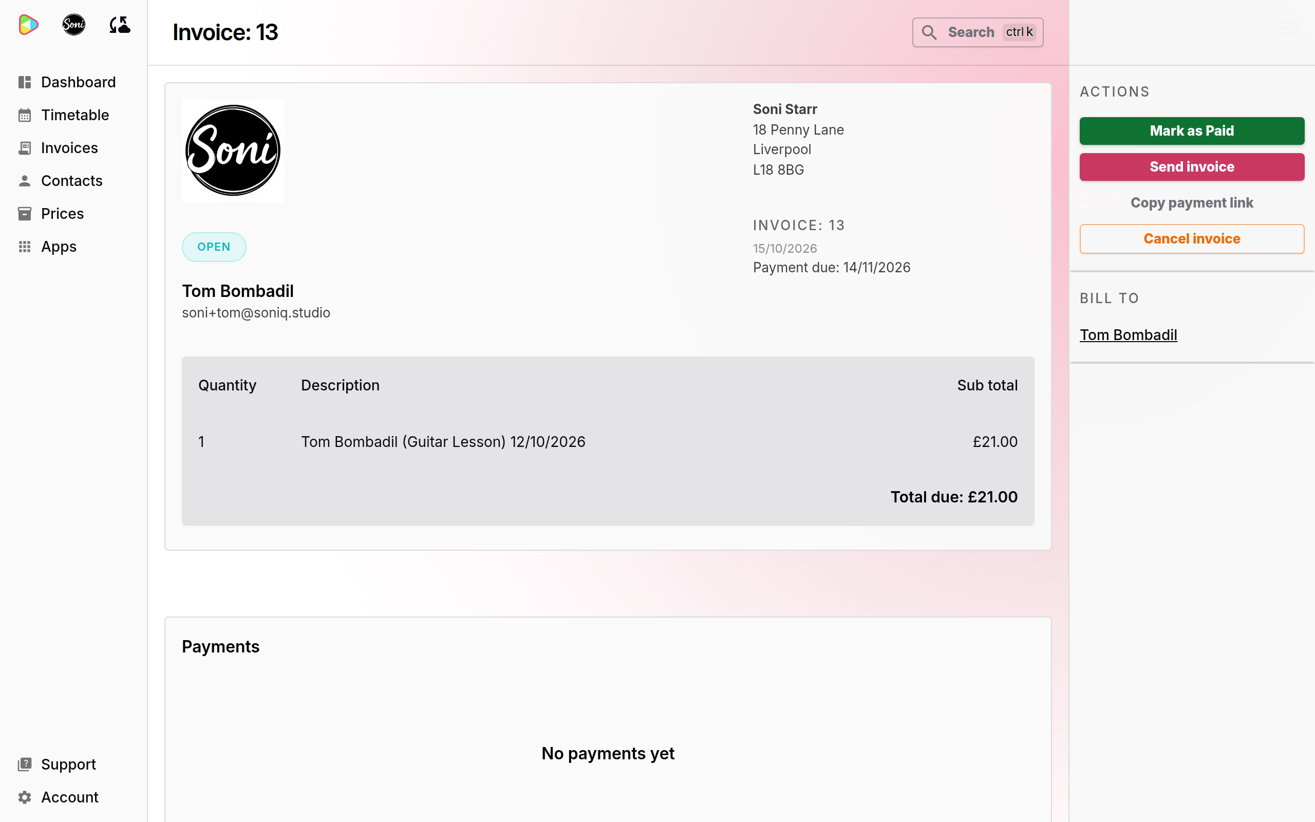 The same invoice after sending, with the Open status and Mark as Paid in the Actions panel