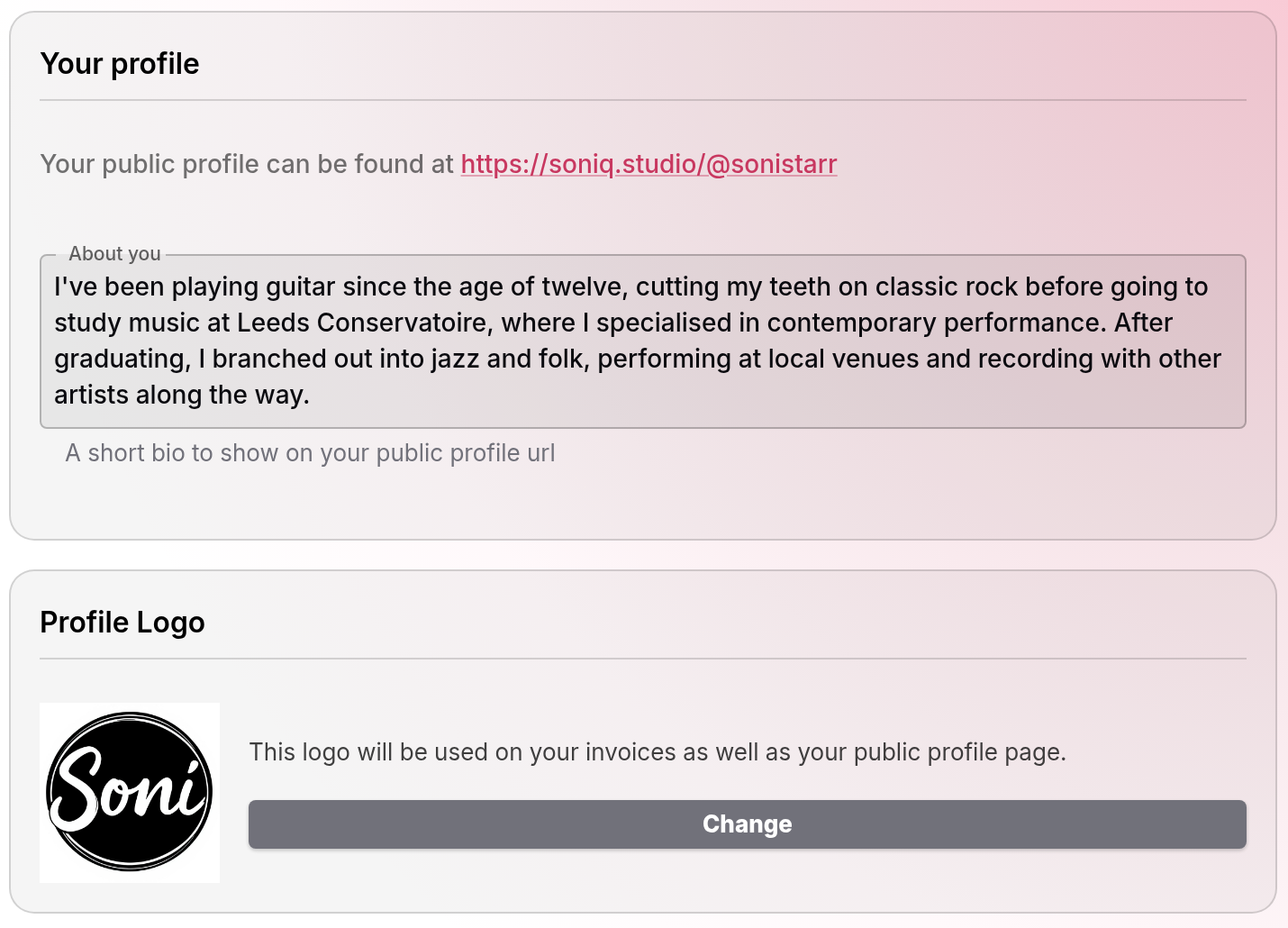 The Your profile card with the link to the public profile and the About you text, and the Profile Logo card with Soni’s logo and a Change button
