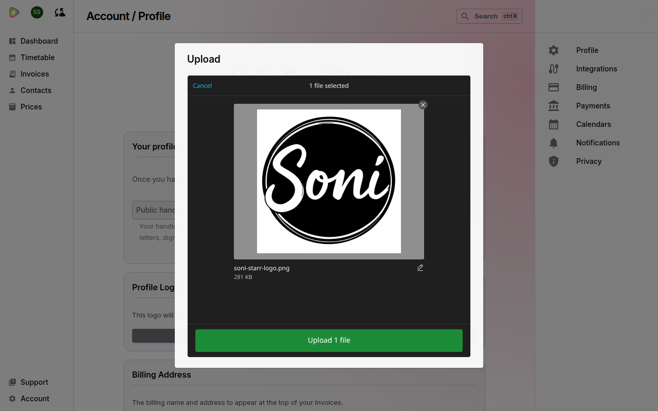 The Upload dialog shows Soni’s round black and white logo, ready to upload
